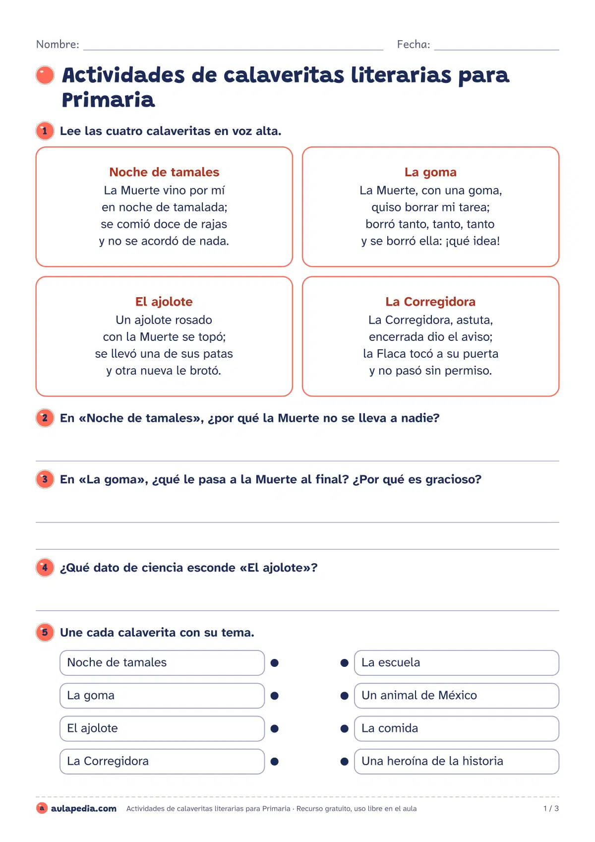 Primera página de la ficha «Actividades de calaveritas literarias para Primaria»: comprensión, finales para unir, rimas para completar, contar sílabas y escribir un final. Incluye Noche de tamales, La goma, El ajolote y La Corregidora.