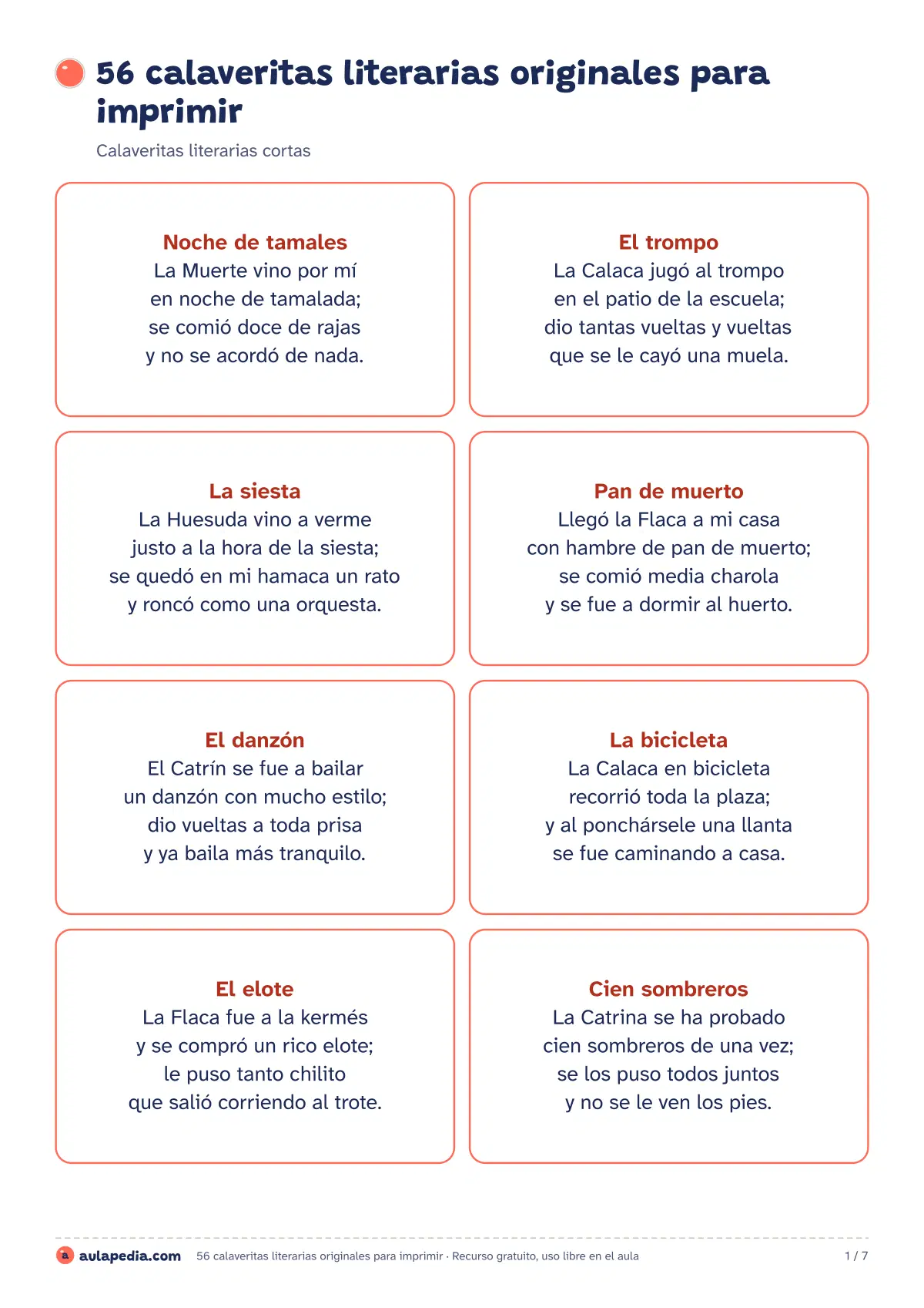 Primera página de la ficha «56 calaveritas literarias originales»: cortas, para niños, para maestros, de la escuela, animales, oficios e historia.