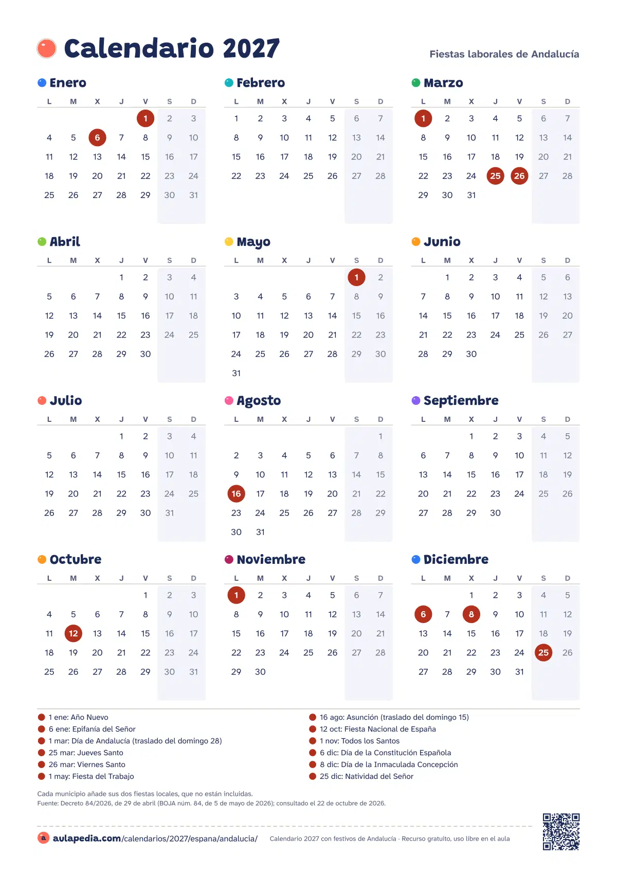 Vista previa del calendario 2027 anual de Andalucía: los 12 meses en una hoja vertical