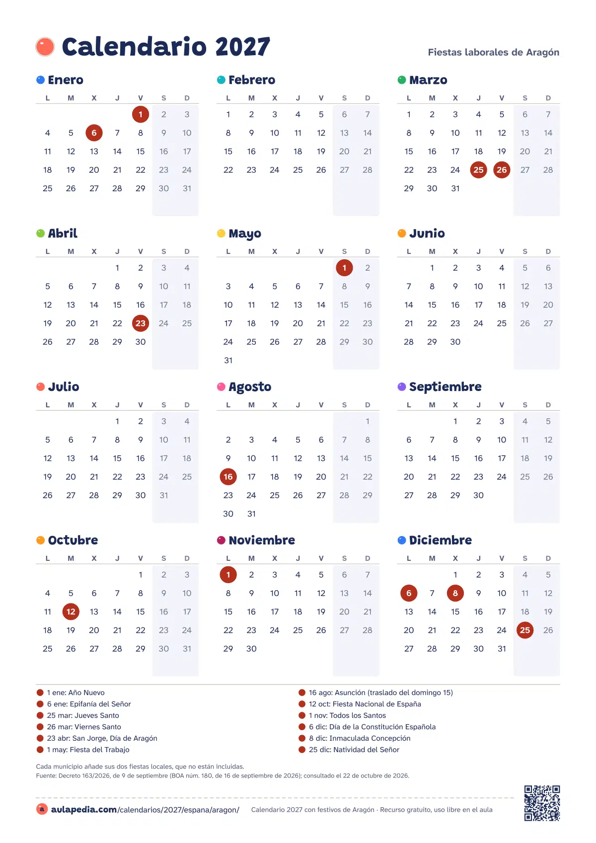 Vista previa del calendario 2027 anual de Aragón: los 12 meses en una hoja vertical
