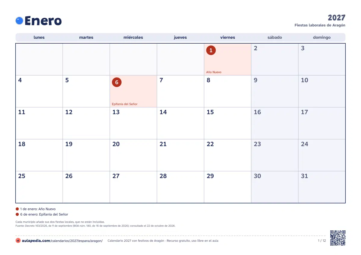 Vista previa del calendario 2027 mensual de Aragón: un mes por hoja horizontal, 12 hojas con casillas para escribir