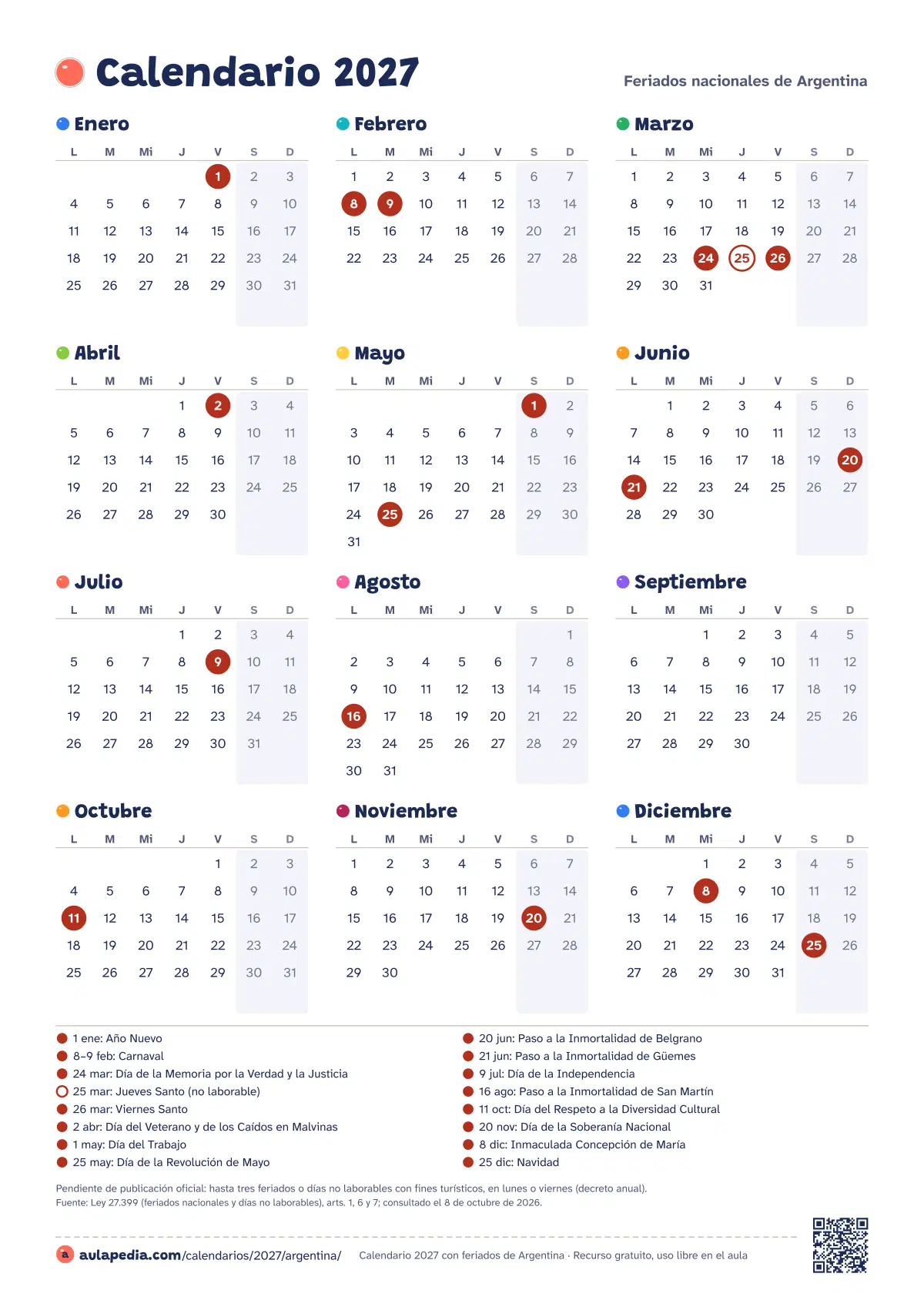 Vista previa del calendario 2027 anual de Argentina: los 12 meses en una hoja vertical