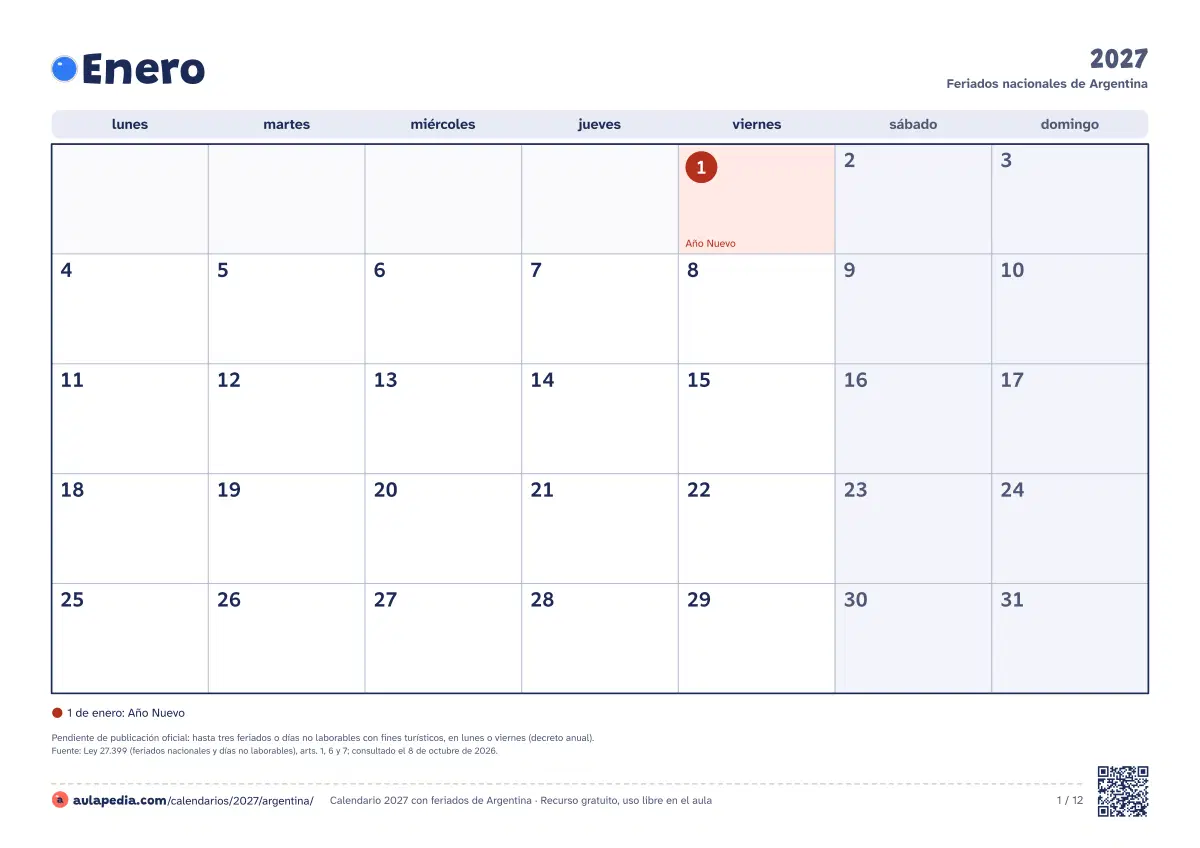 Vista previa del calendario 2027 mensual de Argentina: un mes por hoja horizontal, 12 hojas con casillas para escribir