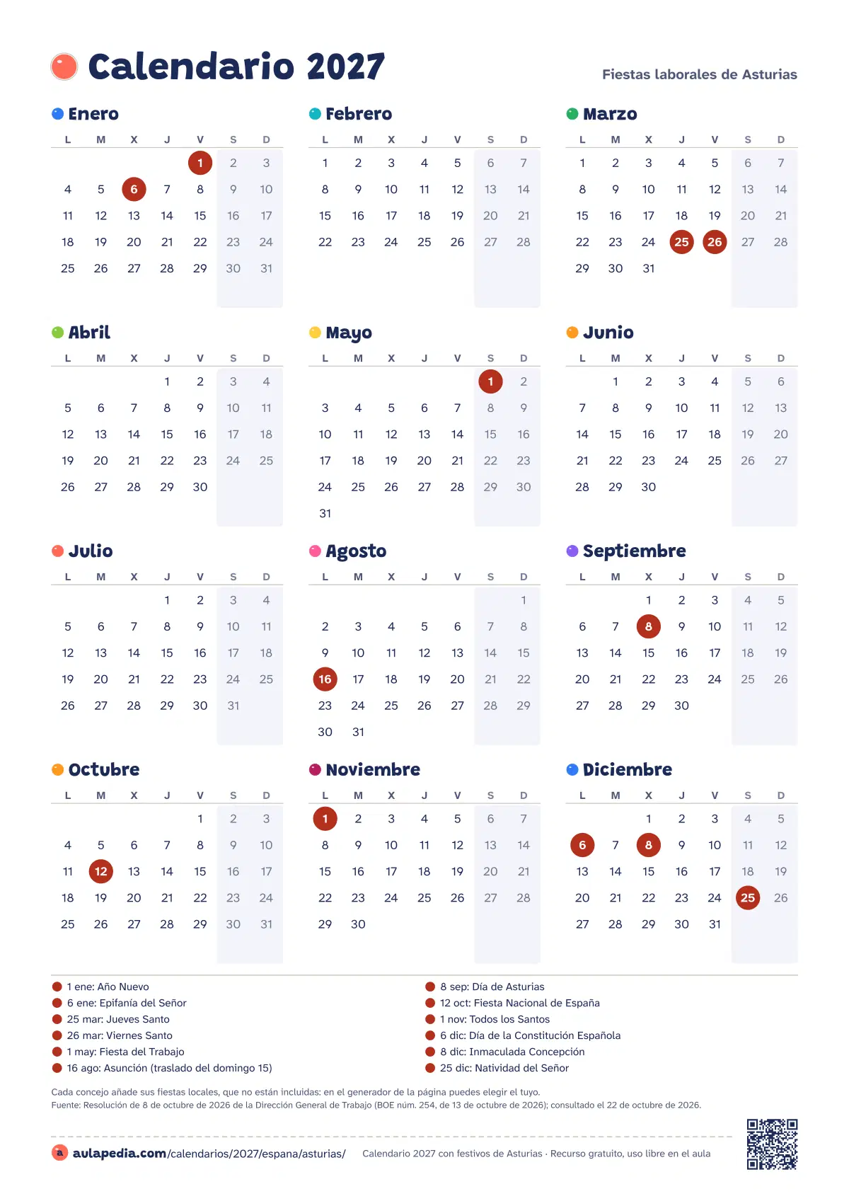 Vista previa del calendario 2027 anual de Asturias: los 12 meses en una hoja vertical