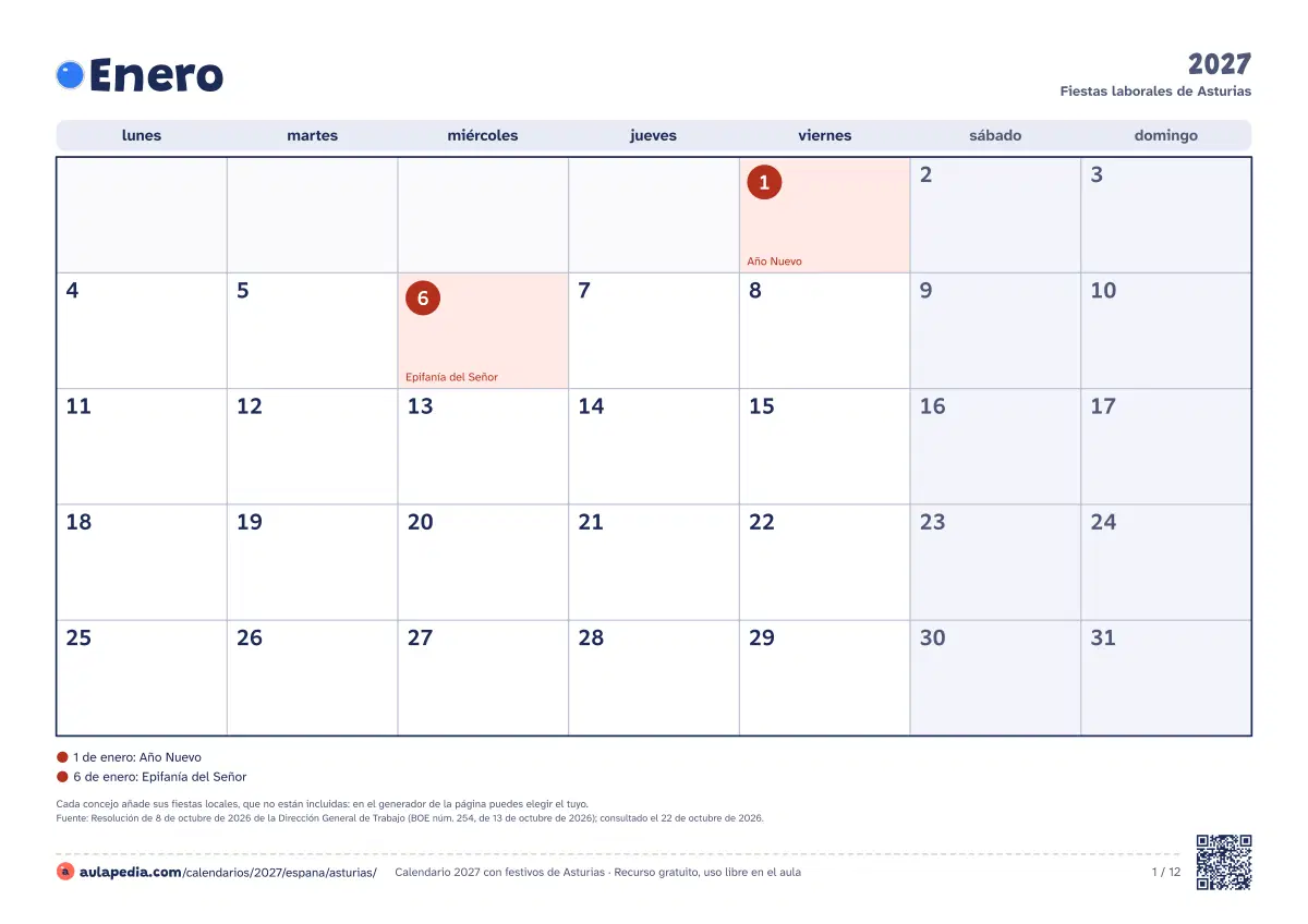 Vista previa del calendario 2027 mensual de Asturias: un mes por hoja horizontal, 12 hojas con casillas para escribir