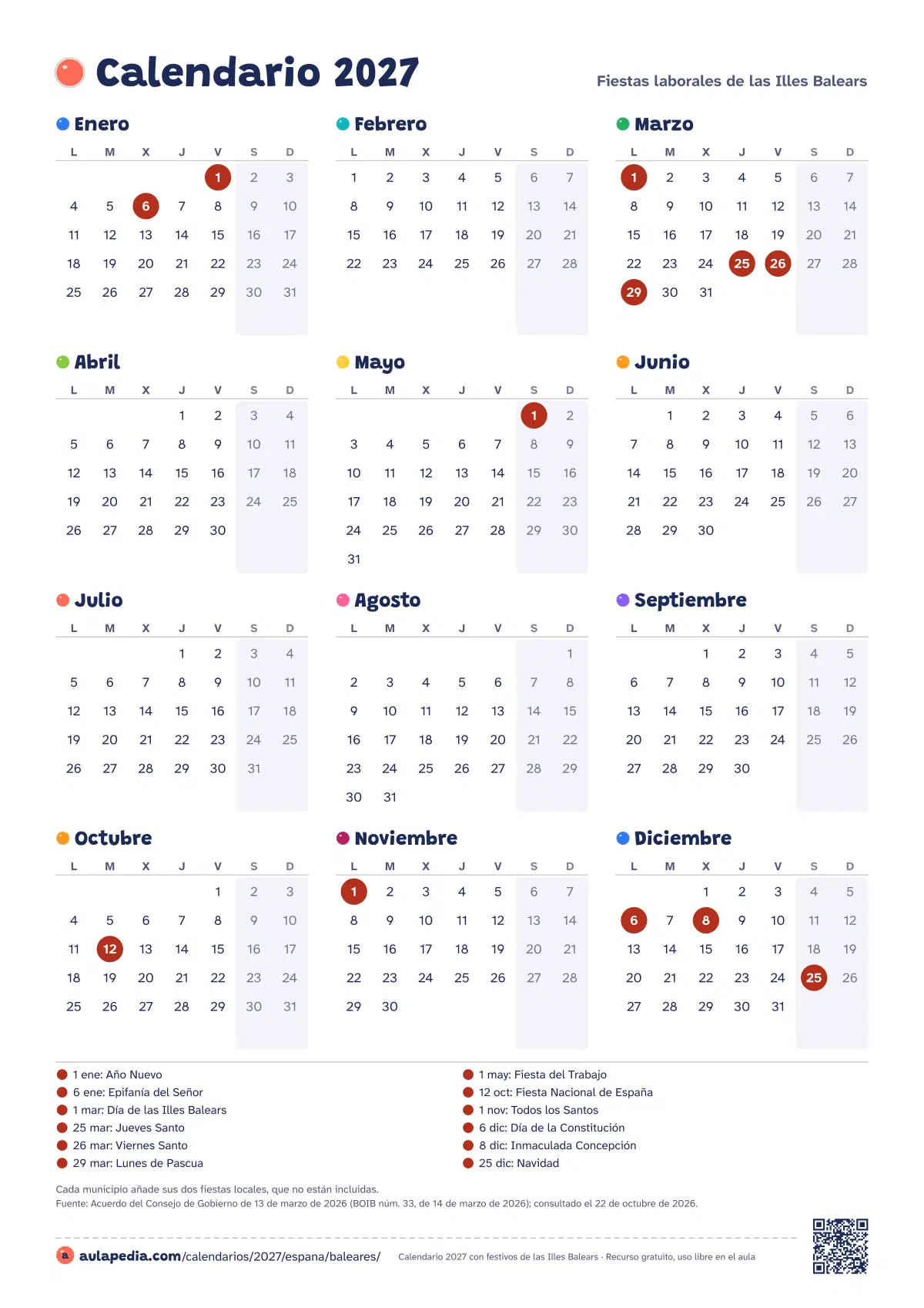 Vista previa del calendario 2027 anual de Illes Balears: los 12 meses en una hoja vertical