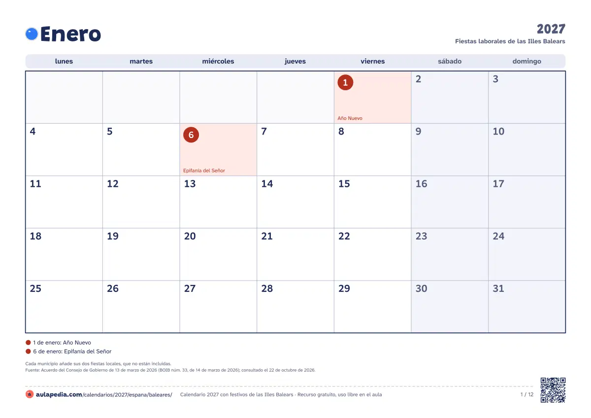 Vista previa del calendario 2027 mensual de Illes Balears: un mes por hoja horizontal, 12 hojas con casillas para escribir