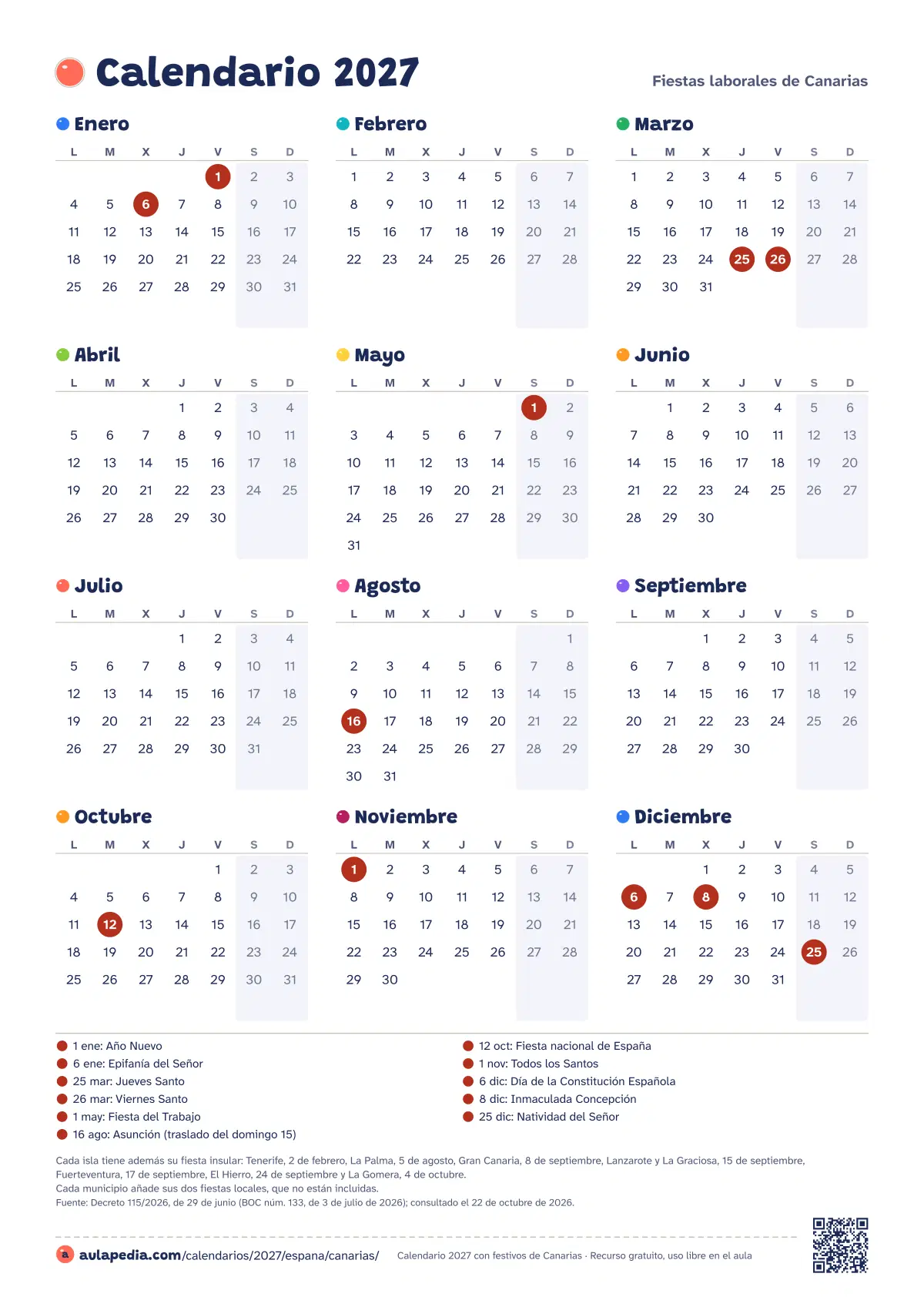 Vista previa del calendario 2027 anual de Canarias: los 12 meses en una hoja vertical