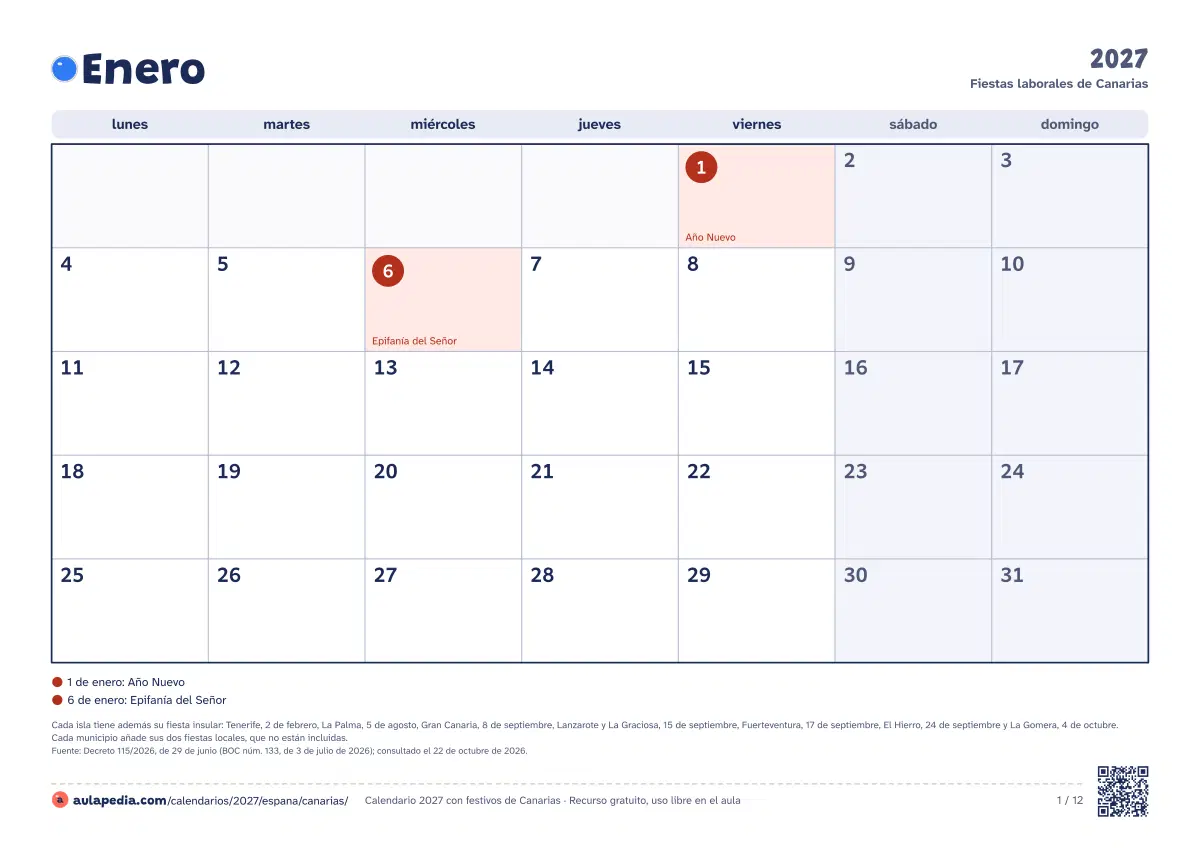 Vista previa del calendario 2027 mensual de Canarias: un mes por hoja horizontal, 12 hojas con casillas para escribir