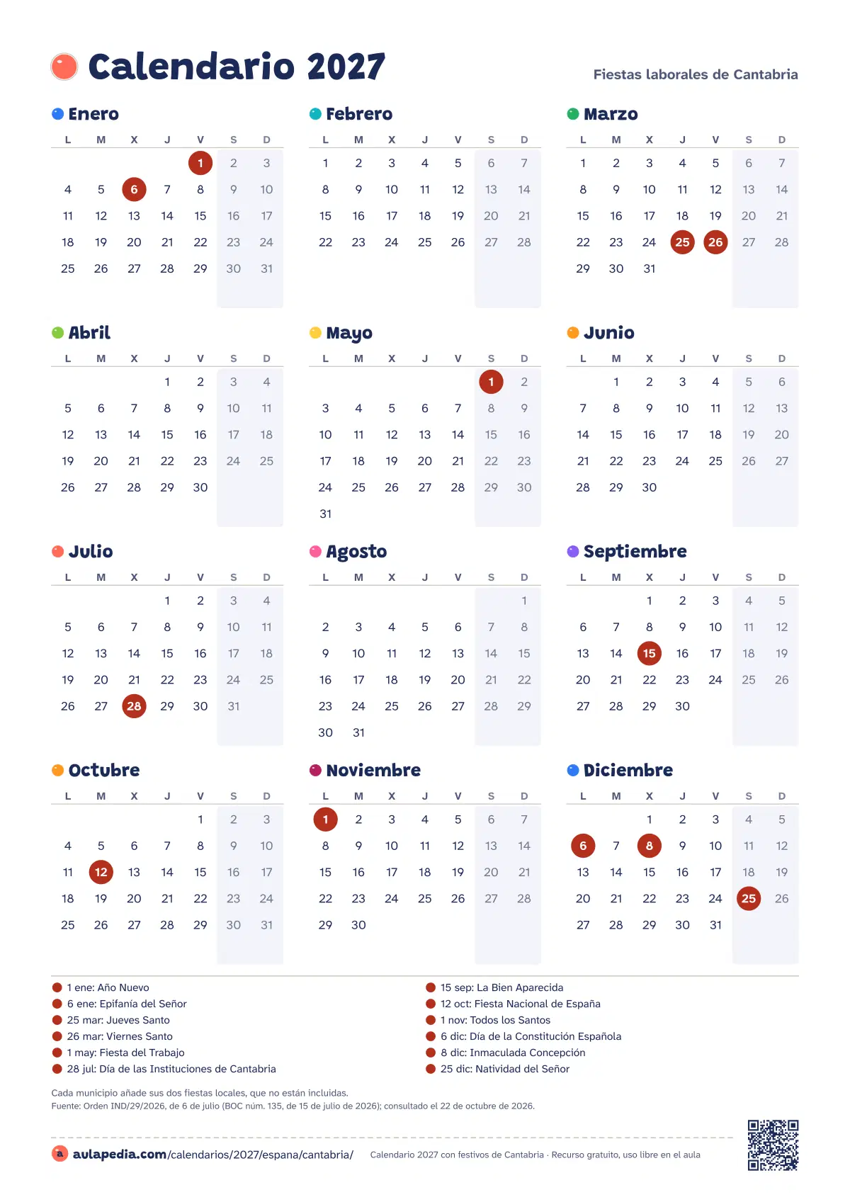 Vista previa del calendario 2027 anual de Cantabria: los 12 meses en una hoja vertical