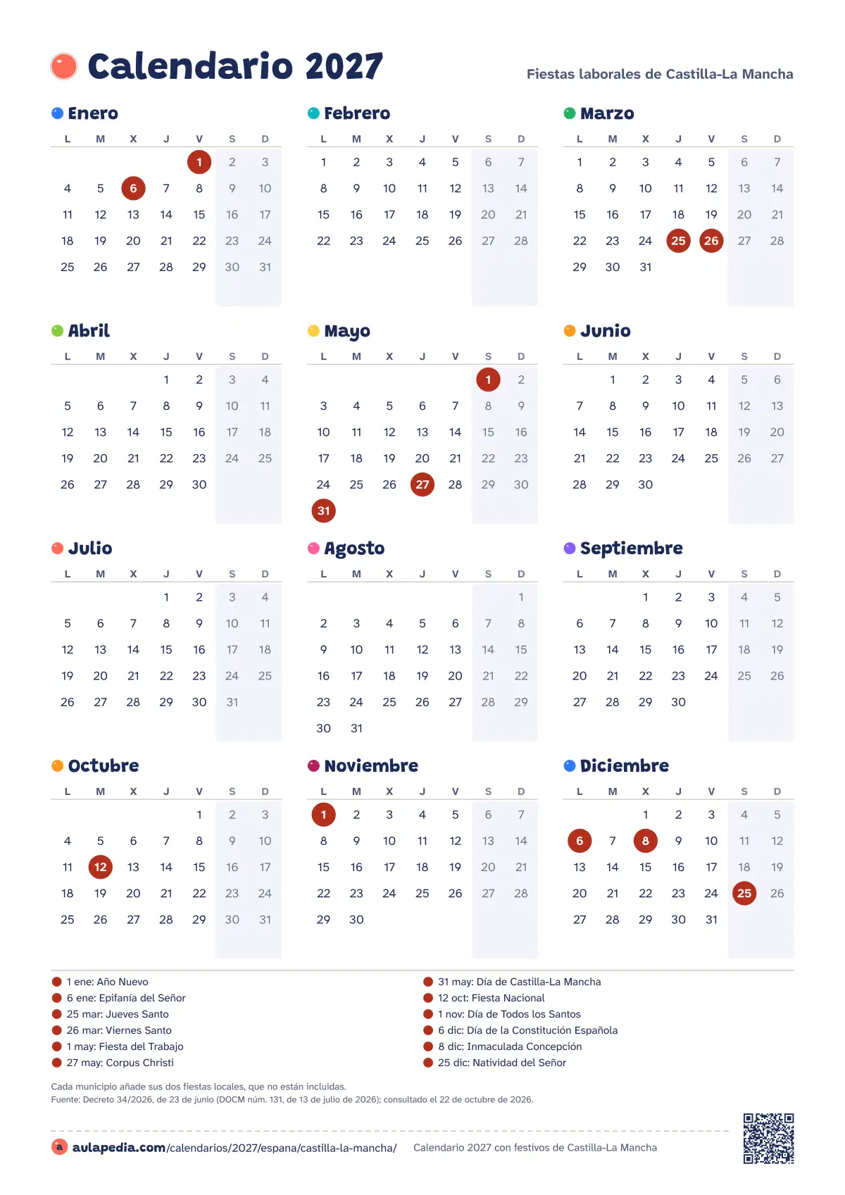 Vista previa del calendario 2027 anual de Castilla-La Mancha: los 12 meses en una hoja vertical