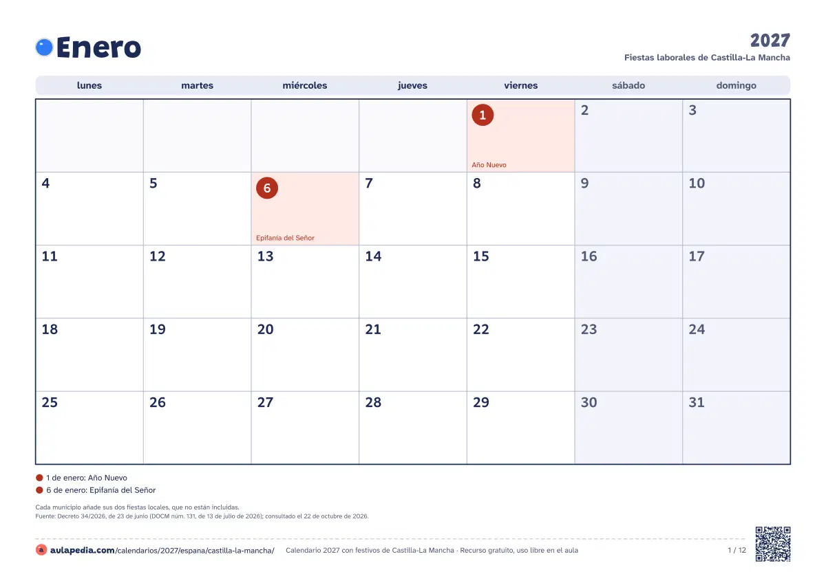 Vista previa del calendario 2027 mensual de Castilla-La Mancha: un mes por hoja horizontal, 12 hojas con casillas para escribir