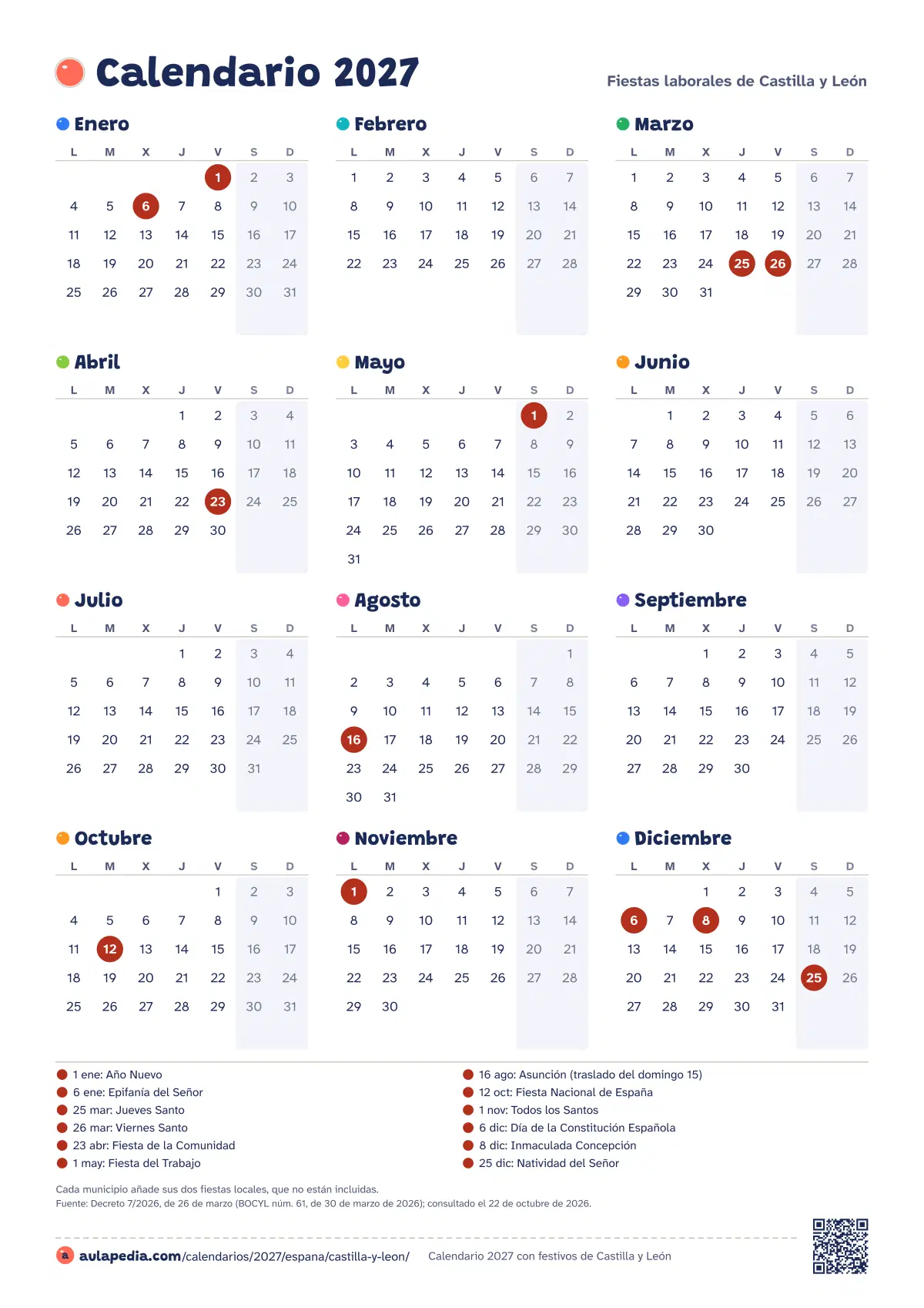 Vista previa del calendario 2027 anual de Castilla y León: los 12 meses en una hoja vertical