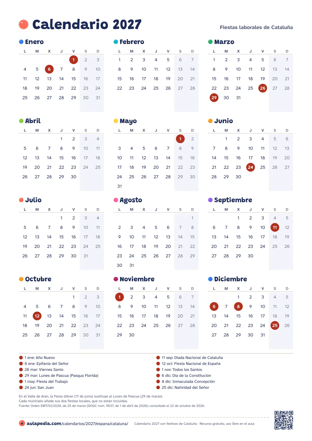Vista previa del calendario 2027 anual de Cataluña: los 12 meses en una hoja vertical