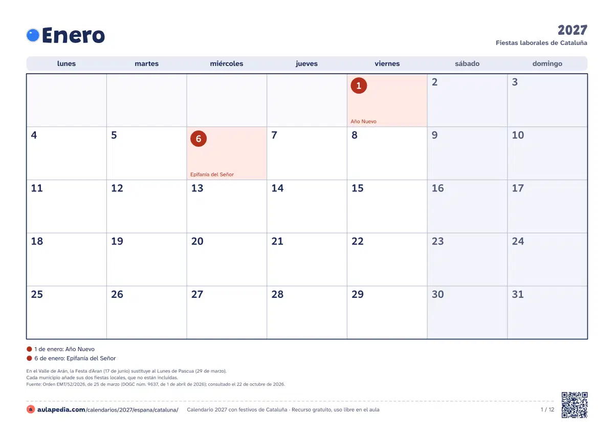 Vista previa del calendario 2027 mensual de Cataluña: un mes por hoja horizontal, 12 hojas con casillas para escribir