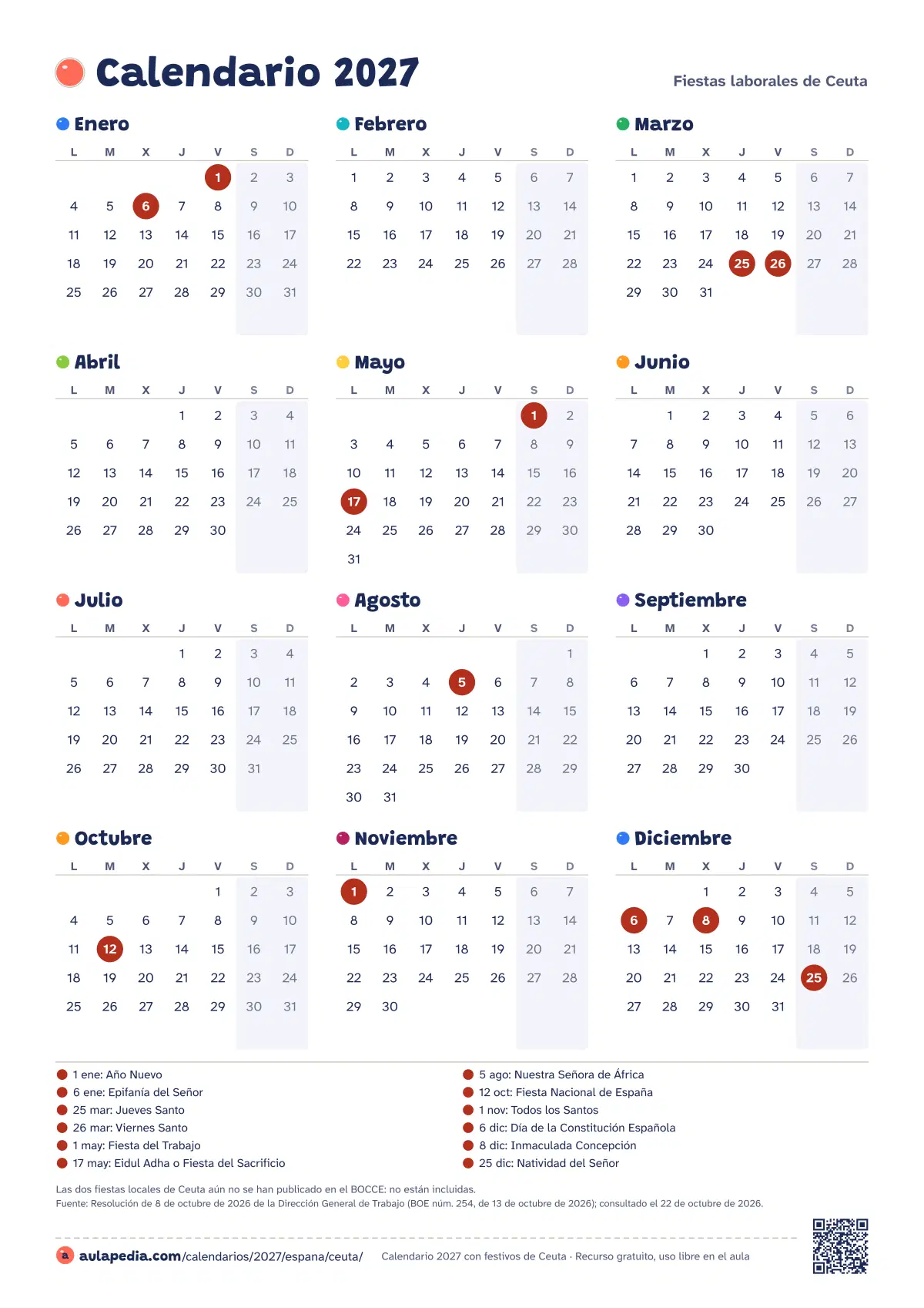Vista previa del calendario 2027 anual de Ceuta: los 12 meses en una hoja vertical