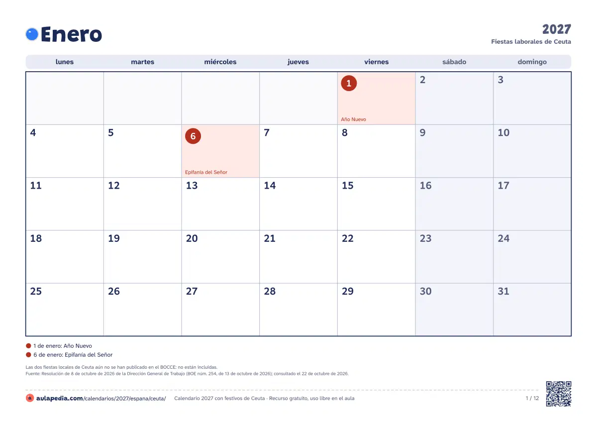 Vista previa del calendario 2027 mensual de Ceuta: un mes por hoja horizontal, 12 hojas con casillas para escribir
