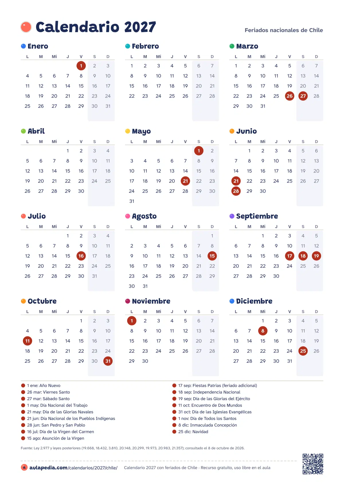 Vista previa del calendario 2027 anual de Chile: los 12 meses en una hoja vertical