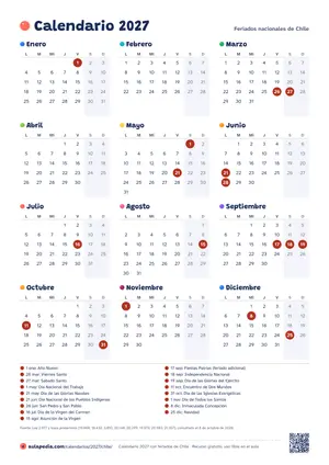 Calendario anual 2027 de Chile para imprimir