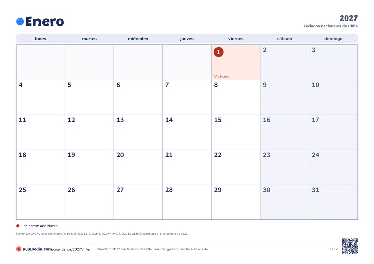 Vista previa del calendario 2027 mensual de Chile: un mes por hoja horizontal, 12 hojas con casillas para escribir