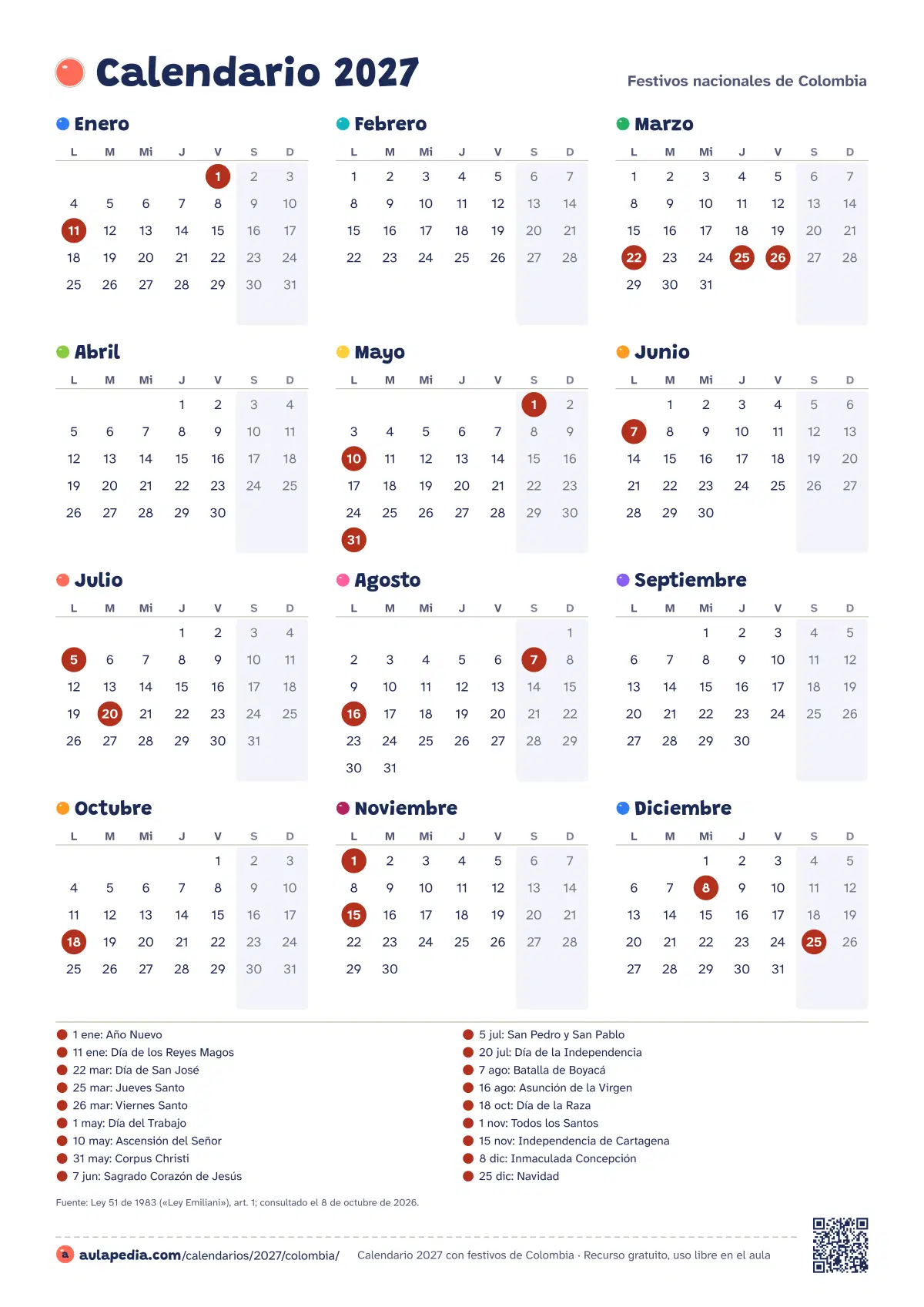 Vista previa del calendario 2027 anual de Colombia: los 12 meses en una hoja vertical