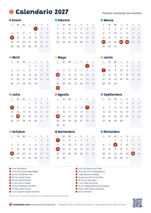 Calendario anual 2027 de Colombia para imprimir