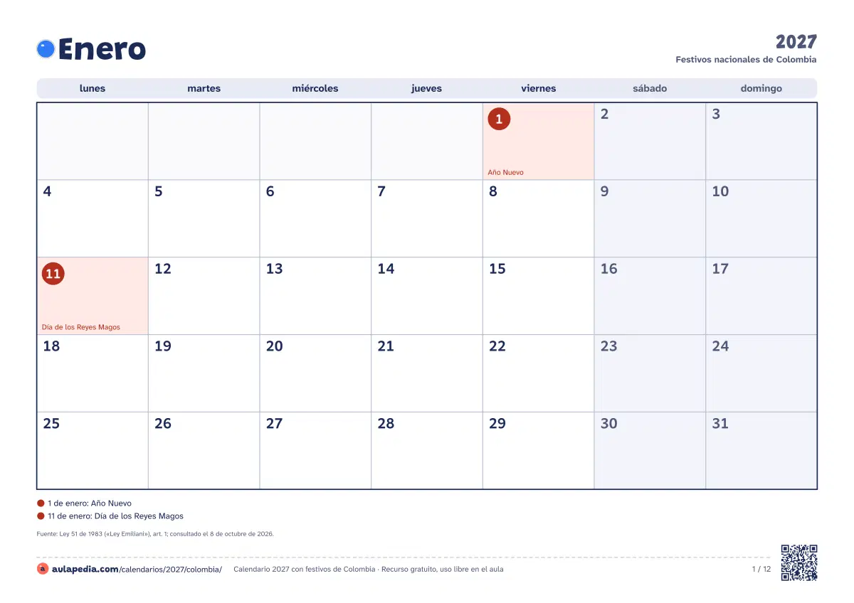 Vista previa del calendario 2027 mensual de Colombia: un mes por hoja horizontal, 12 hojas con casillas para escribir