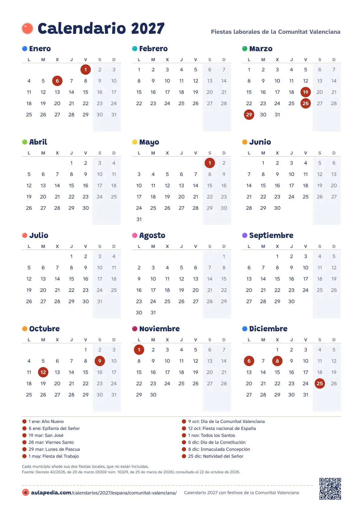 Vista previa del calendario 2027 anual de Comunitat Valenciana: los 12 meses en una hoja vertical