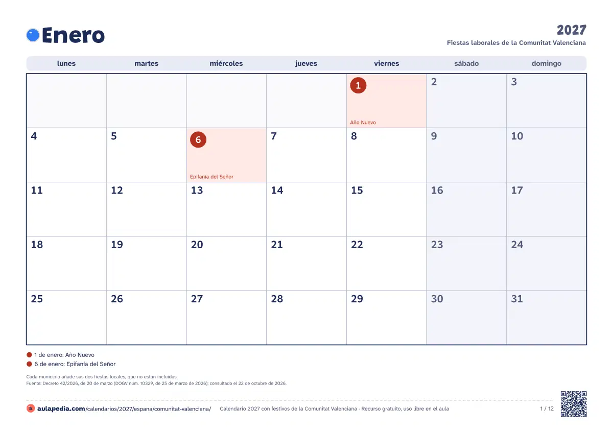 Vista previa del calendario 2027 mensual de Comunitat Valenciana: un mes por hoja horizontal, 12 hojas con casillas para escribir