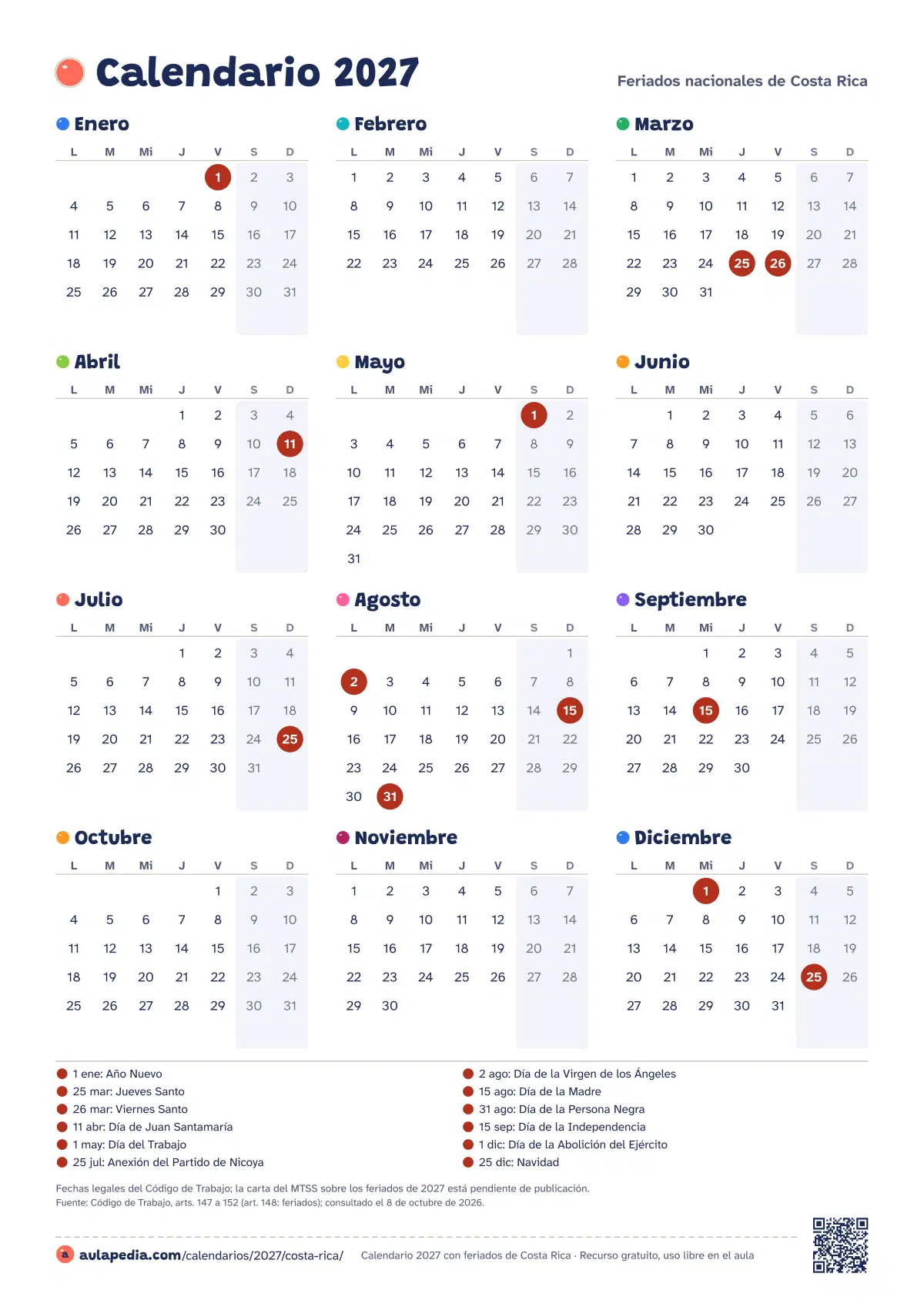 Vista previa del calendario 2027 anual de Costa Rica: los 12 meses en una hoja vertical