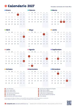 Calendario anual 2027 de Costa Rica para imprimir