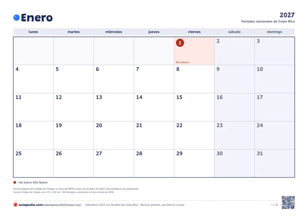 Vista previa del calendario 2027 mensual de Costa Rica: un mes por hoja horizontal, 12 hojas con casillas para escribir