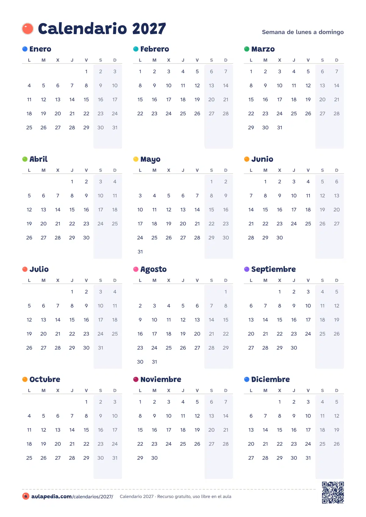 Vista previa del calendario 2027 anual en blanco: los 12 meses en una hoja vertical