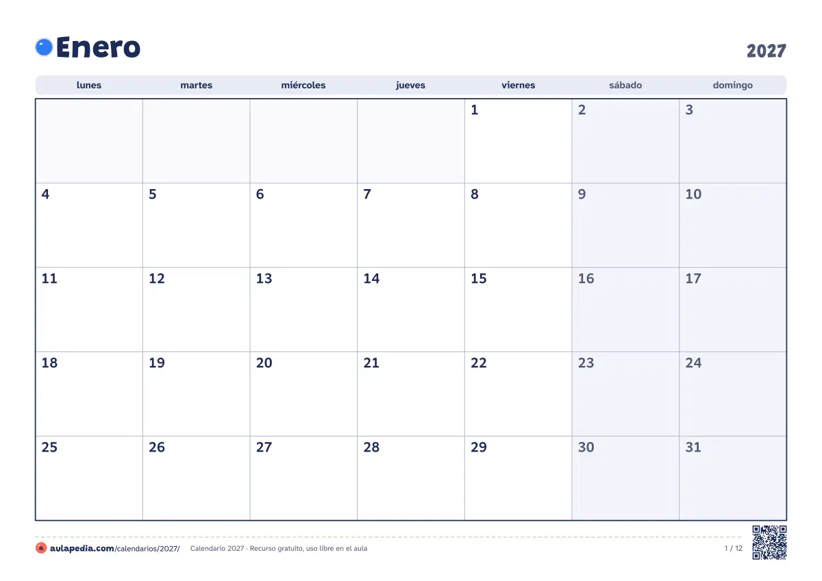 Vista previa del calendario 2027 mensual en blanco: un mes por hoja horizontal, 12 hojas con casillas para escribir