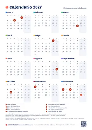 Calendario anual 2027 de España para imprimir