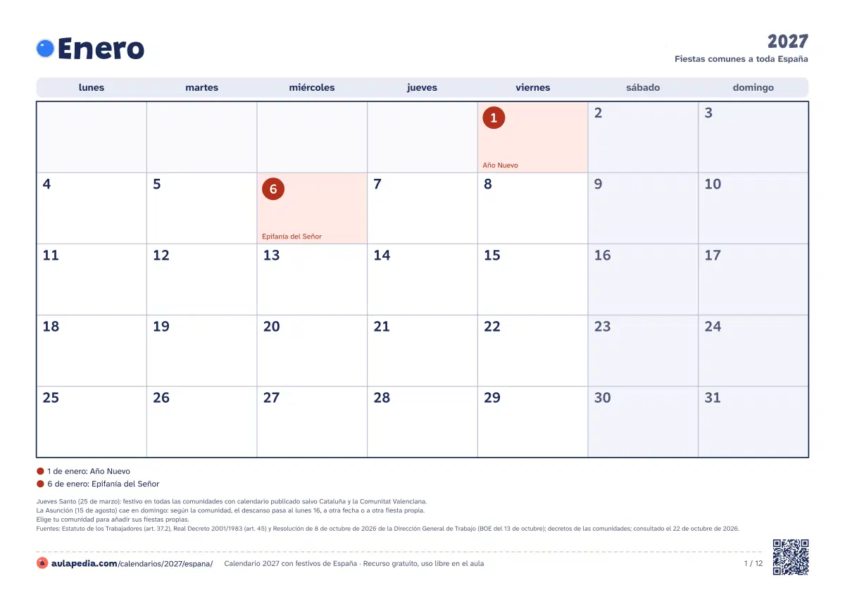 Vista previa del calendario 2027 mensual de España: un mes por hoja horizontal, 12 hojas con casillas para escribir