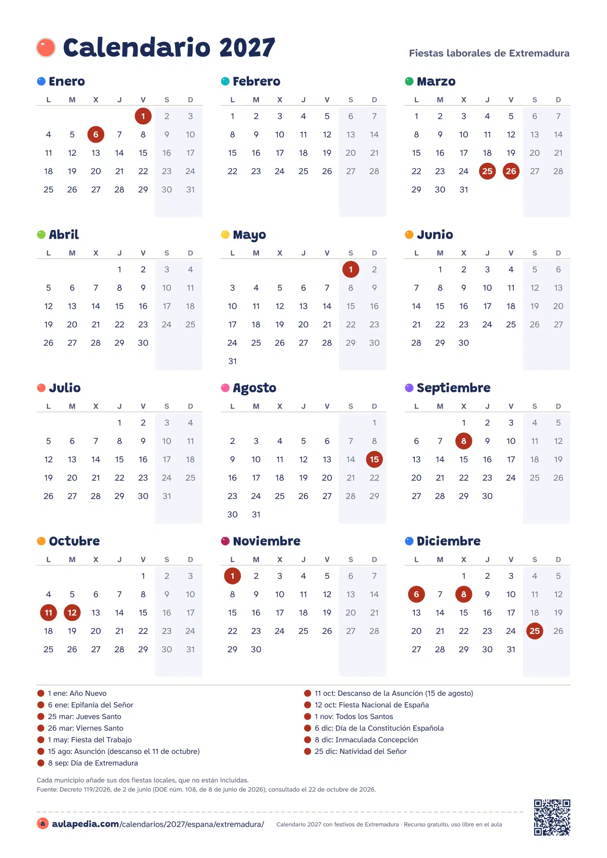 Vista previa del calendario 2027 anual de Extremadura: los 12 meses en una hoja vertical