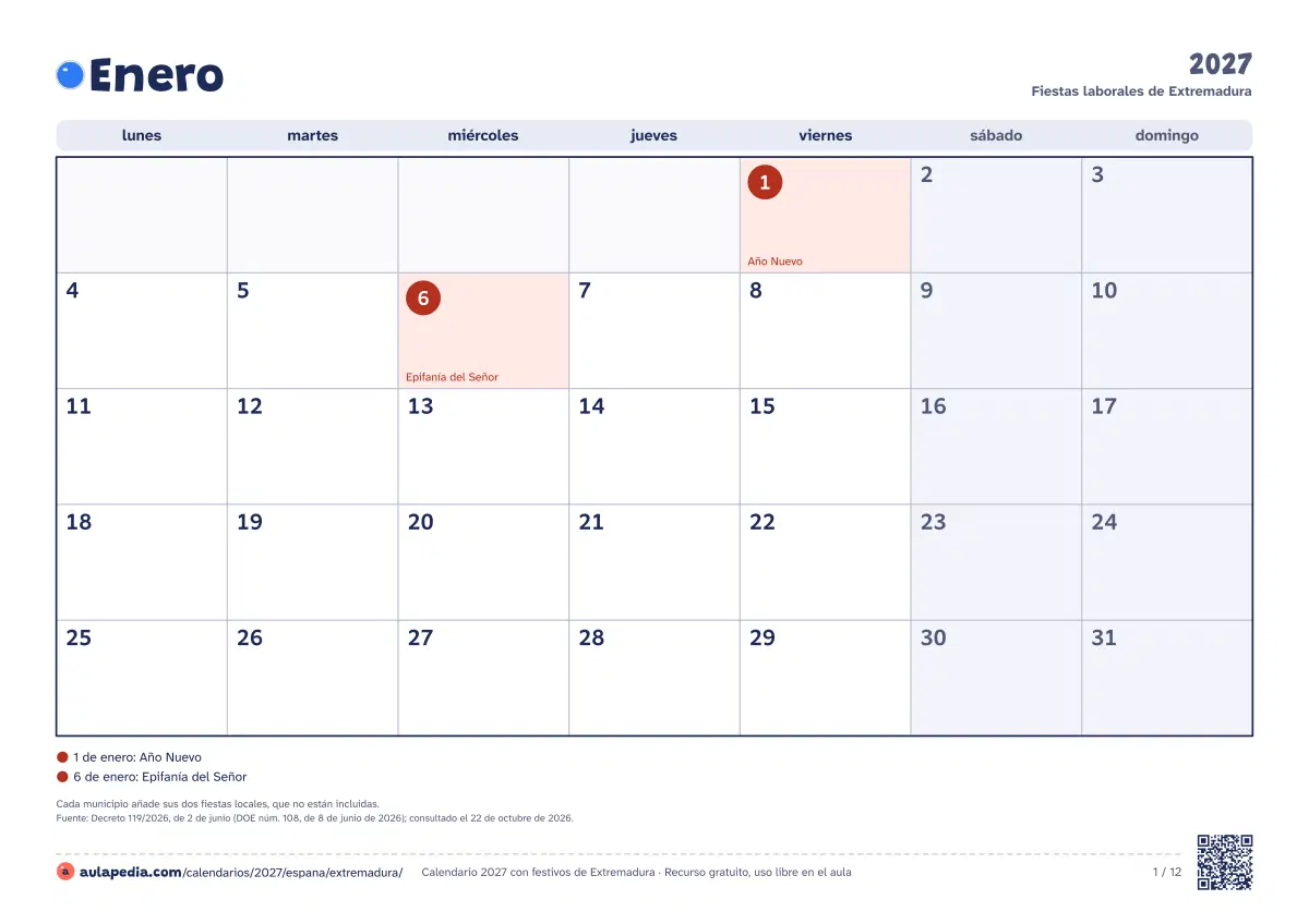 Vista previa del calendario 2027 mensual de Extremadura: un mes por hoja horizontal, 12 hojas con casillas para escribir