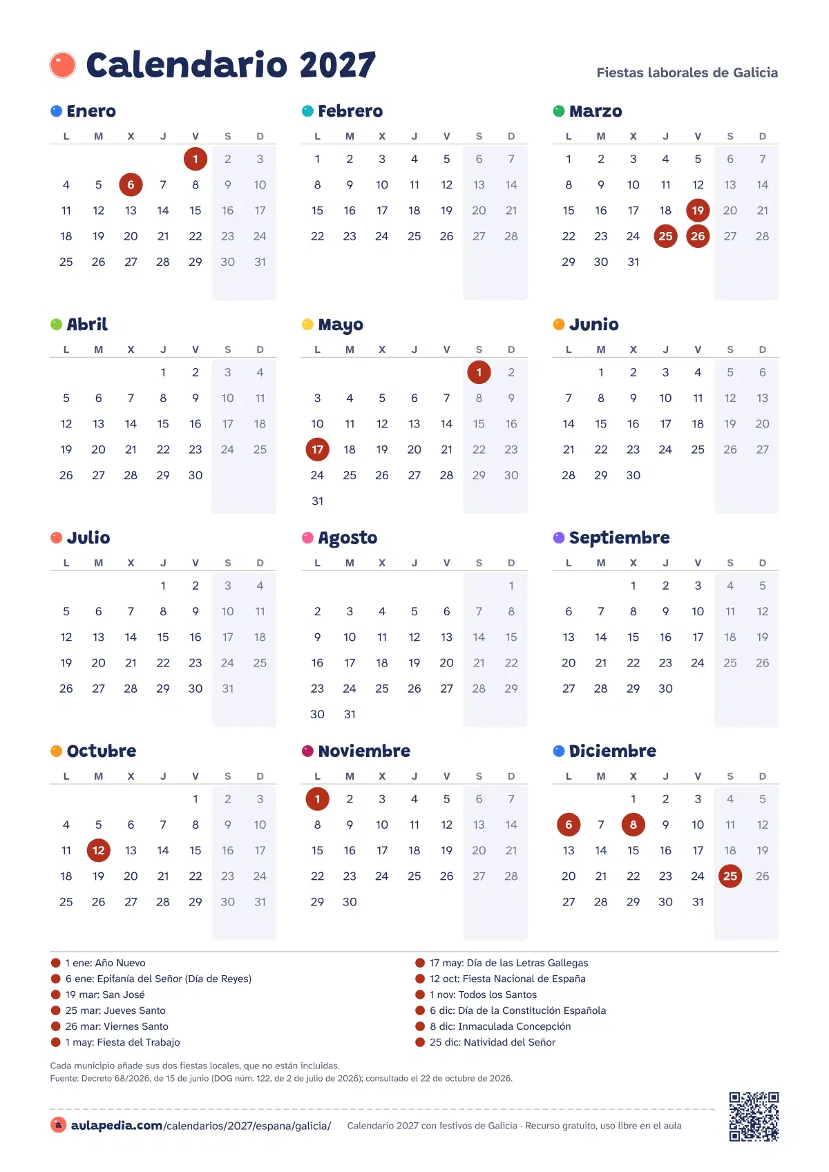 Vista previa del calendario 2027 anual de Galicia: los 12 meses en una hoja vertical