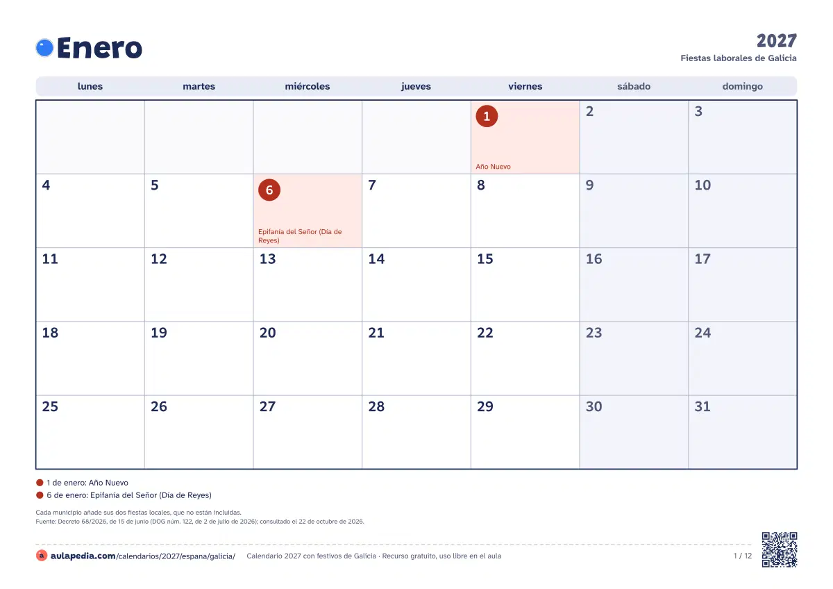 Vista previa del calendario 2027 mensual de Galicia: un mes por hoja horizontal, 12 hojas con casillas para escribir