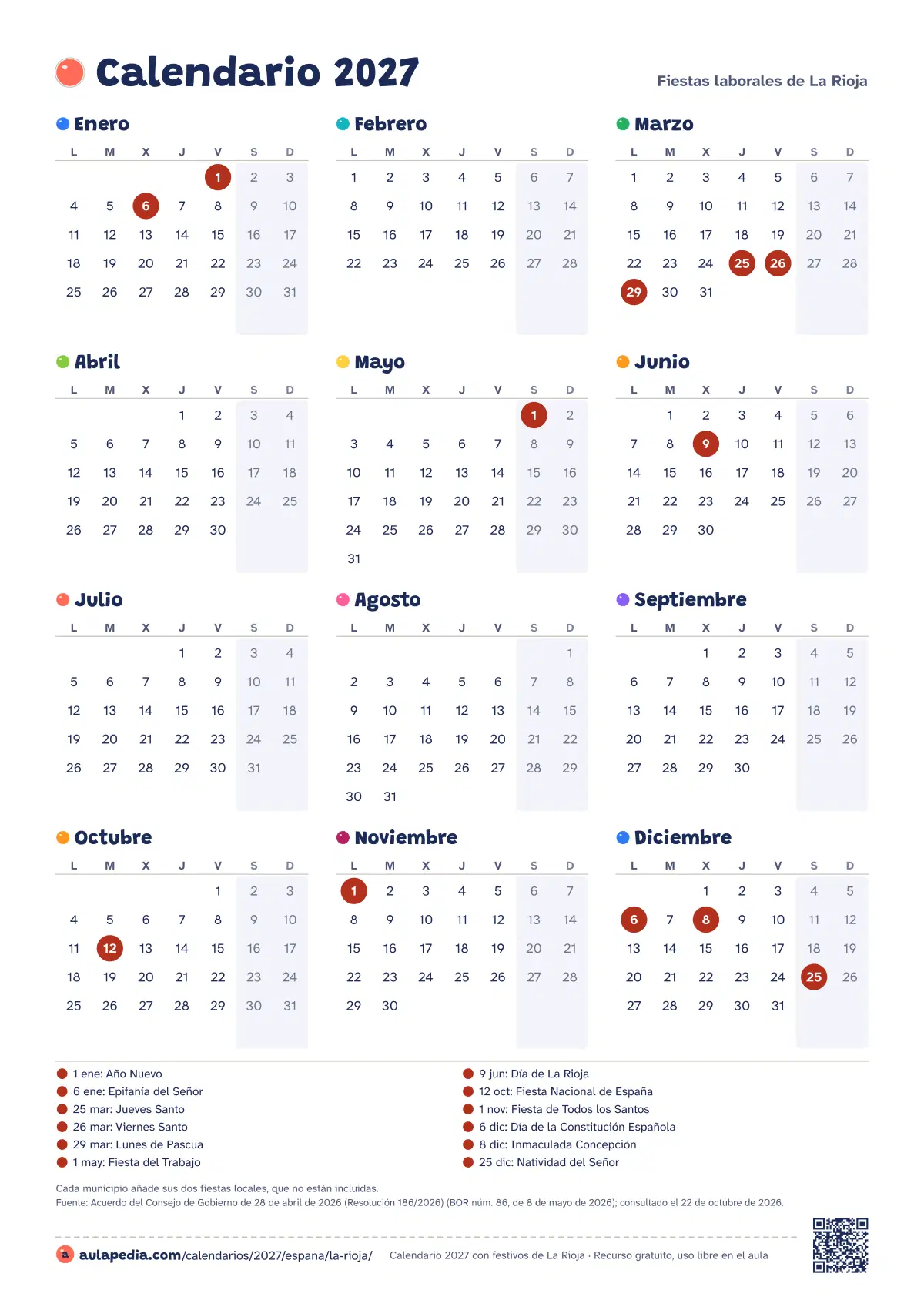 Vista previa del calendario 2027 anual de La Rioja: los 12 meses en una hoja vertical