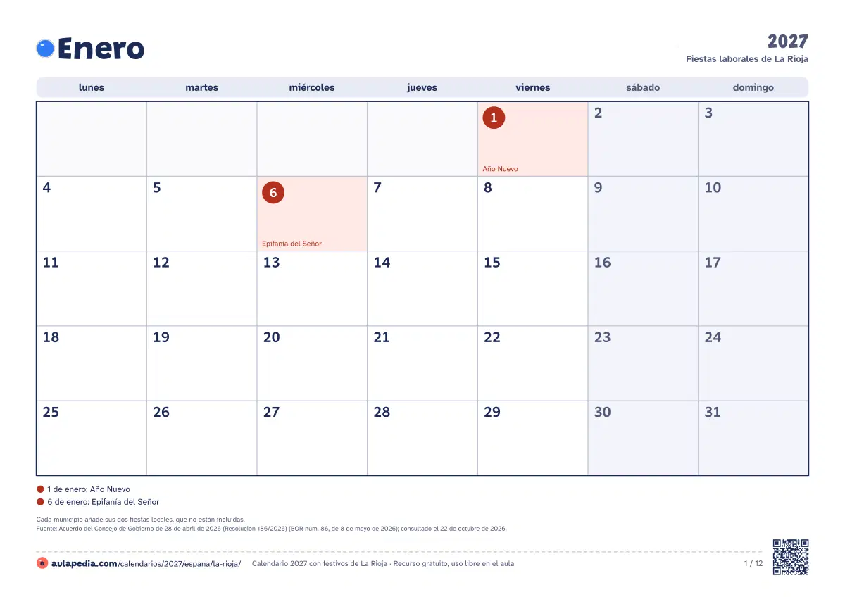 Vista previa del calendario 2027 mensual de La Rioja: un mes por hoja horizontal, 12 hojas con casillas para escribir