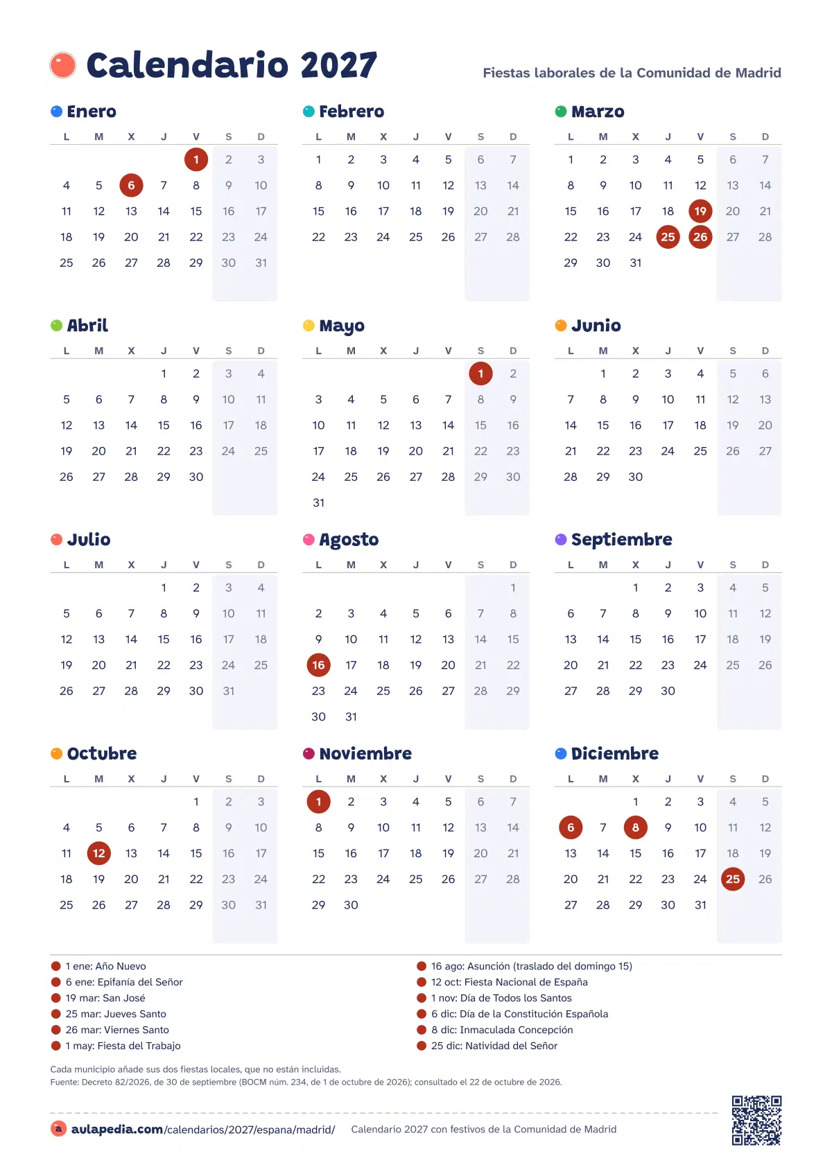 Vista previa del calendario 2027 anual de Comunidad de Madrid: los 12 meses en una hoja vertical