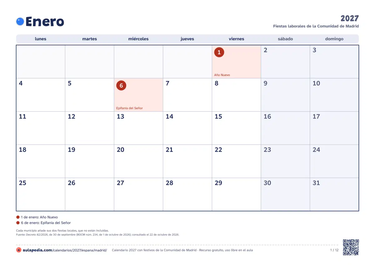Vista previa del calendario 2027 mensual de Comunidad de Madrid: un mes por hoja horizontal, 12 hojas con casillas para escribir