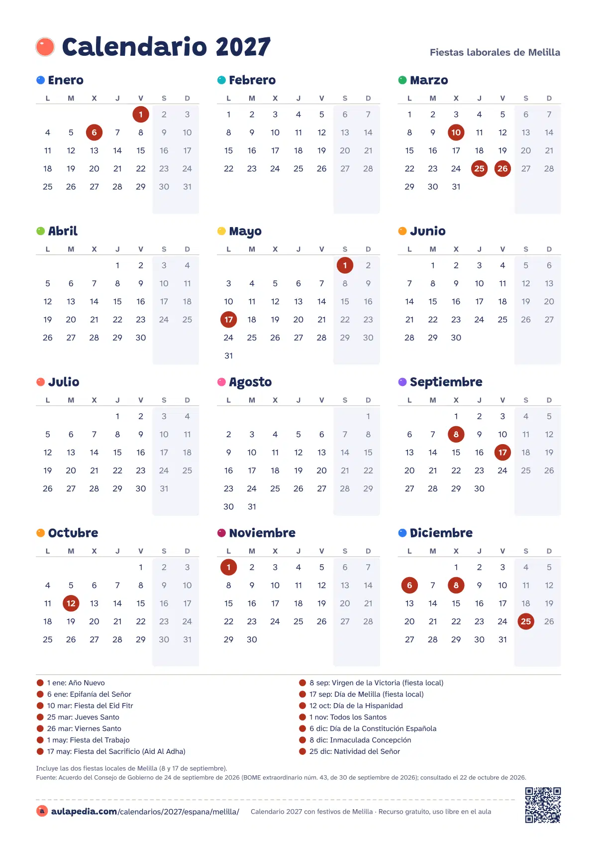 Vista previa del calendario 2027 anual de Melilla: los 12 meses en una hoja vertical