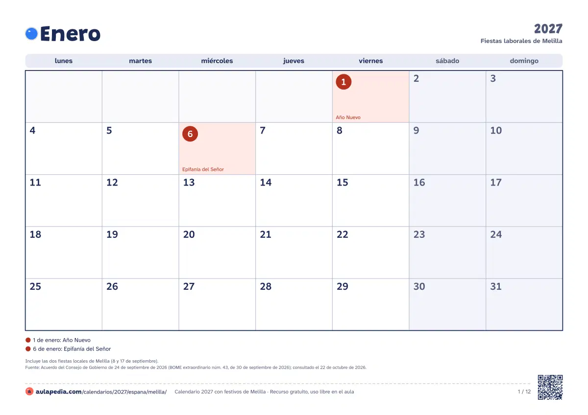 Vista previa del calendario 2027 mensual de Melilla: un mes por hoja horizontal, 12 hojas con casillas para escribir