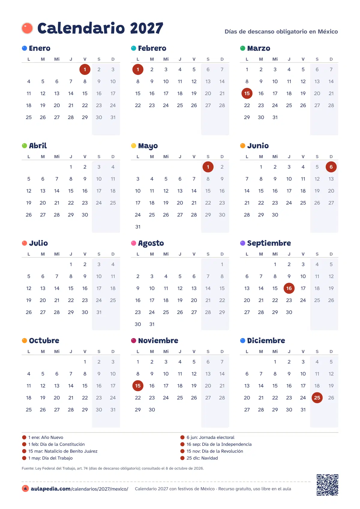 Vista previa del calendario 2027 anual de México: los 12 meses en una hoja vertical