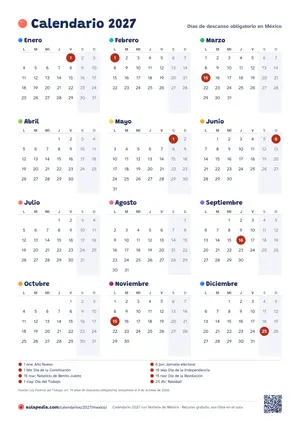 Calendario anual 2027 de México para imprimir