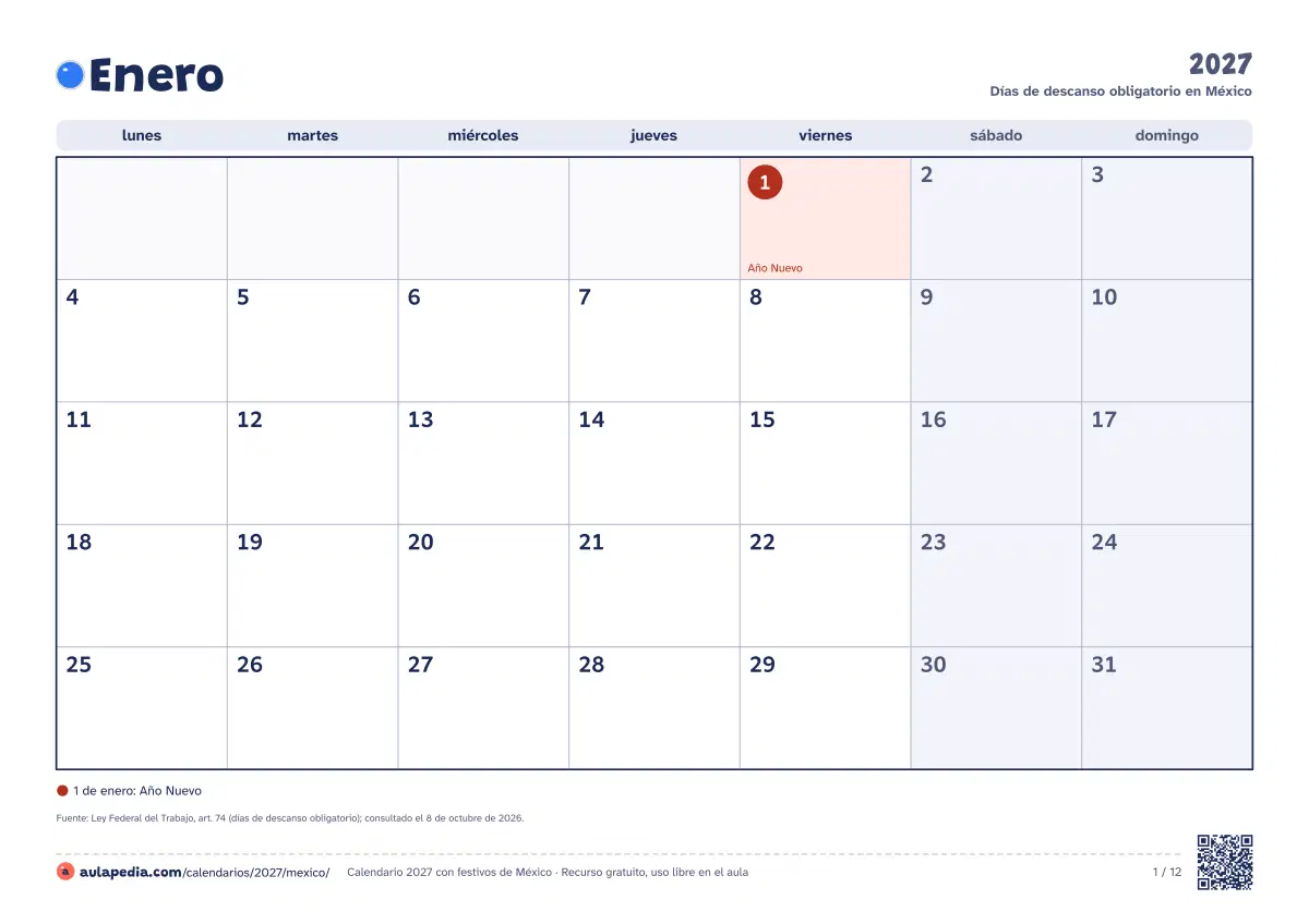 Vista previa del calendario 2027 mensual de México: un mes por hoja horizontal, 12 hojas con casillas para escribir