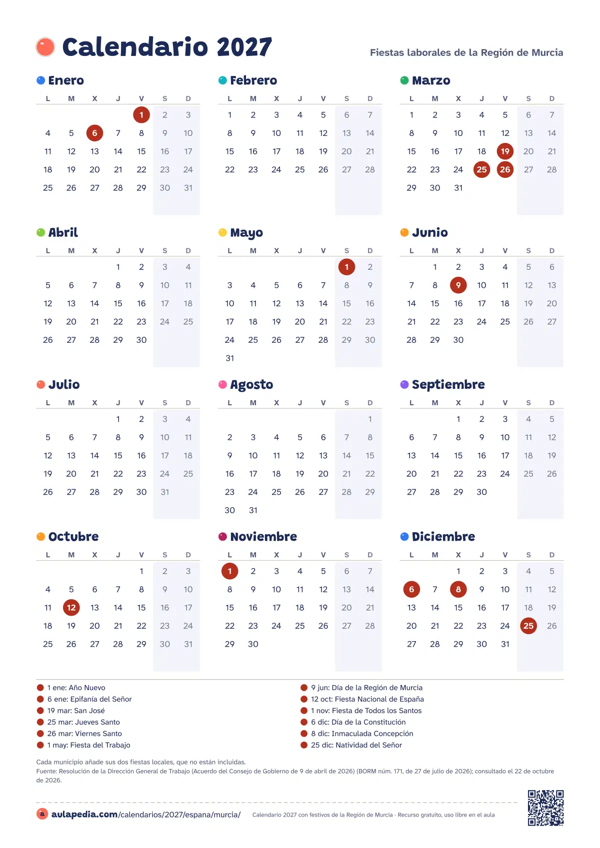 Vista previa del calendario 2027 anual de Región de Murcia: los 12 meses en una hoja vertical